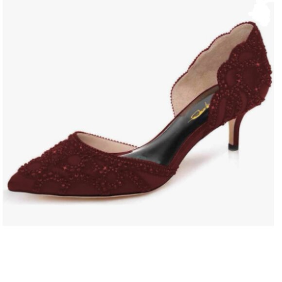 XYD Burgundy Pointed Toe D'Orsay Kitten Heel Rhinestone Studs Slip-On Satin Pump - Picture 1 of 8